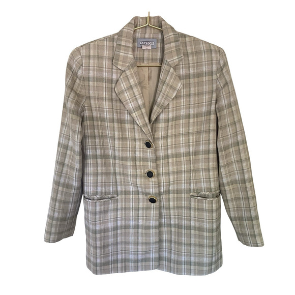 Savion Plaid Linen Blend Blazer Beige Sage Size 2P Made in Ukraine - Picture 1 of 9